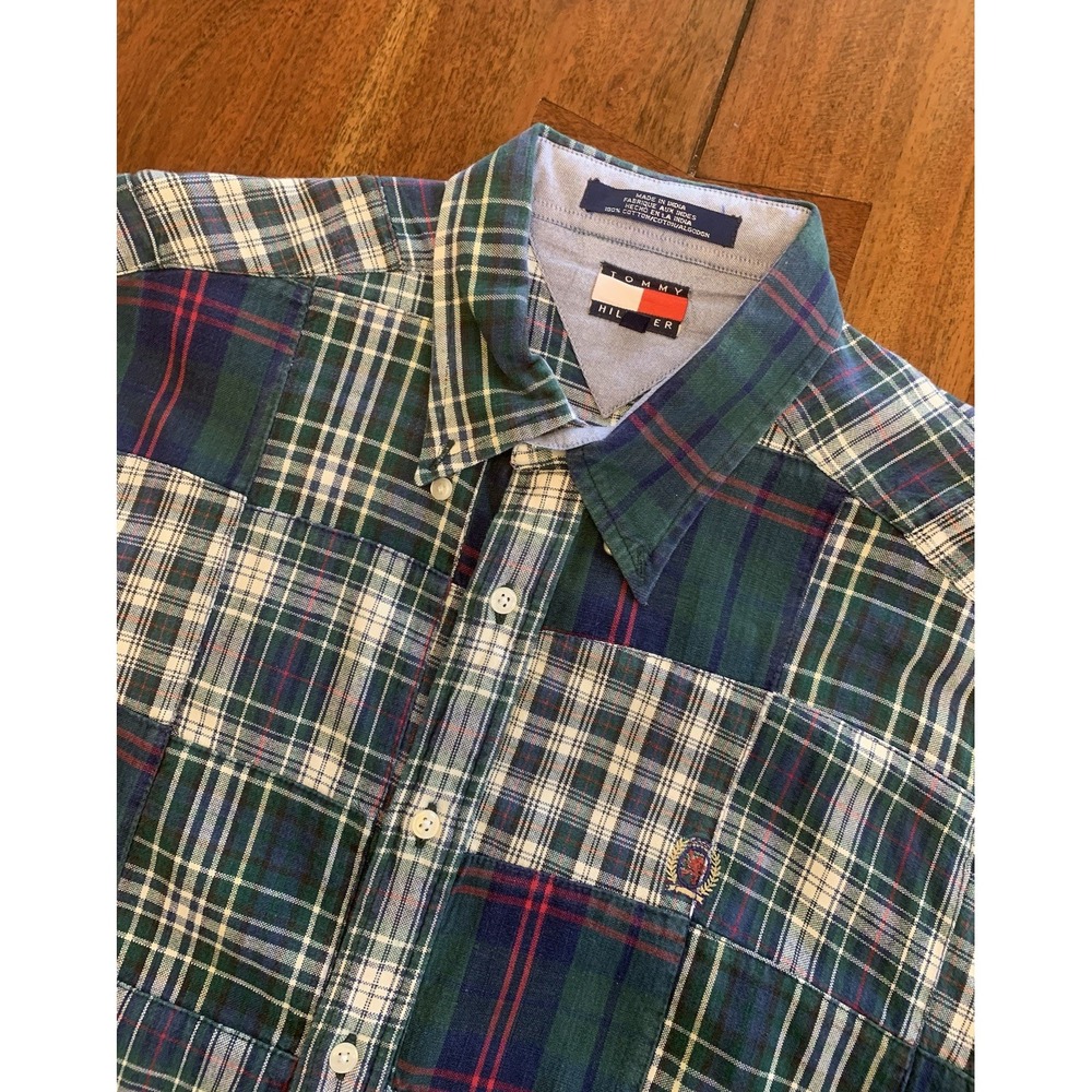 Tommy Hilfiger 90s Vintage Patchwork Shirt Mens M Green Plaid Preppy Old Money